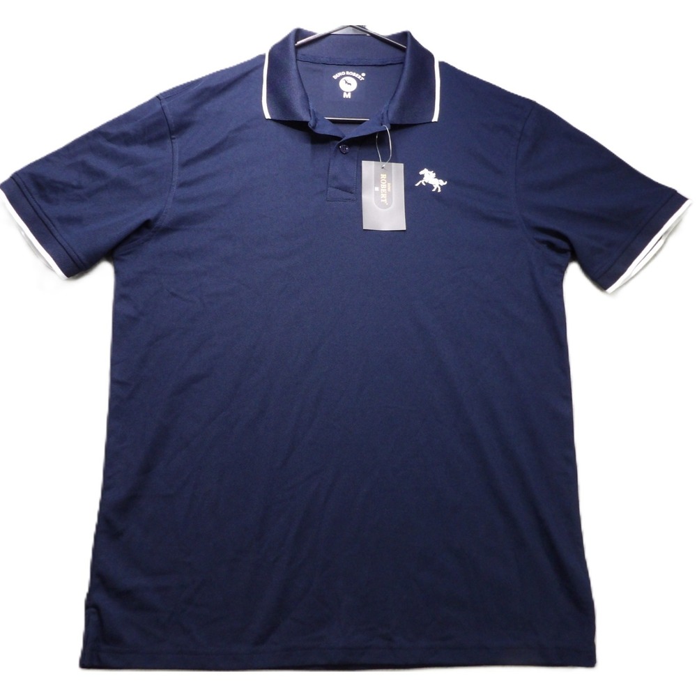 NWT Dino Robert Men M Pony Navy Polo Shirt White Tipped Short Sleeve Performance
